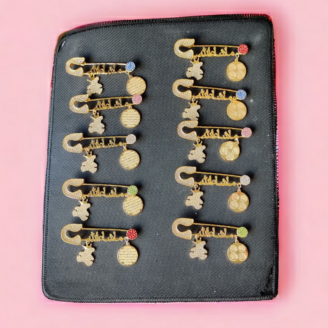 Luxury Mashallah Baby Safety Pin with Ayatul Kursi & Teddy Charm – Islamic Newborn Protection Pin