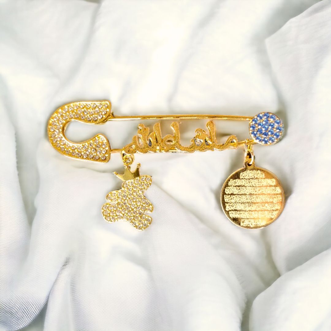 Luxury Mashallah Baby Safety Pin with 4 QUL & Teddy Charm – Islamic Newborn Protection Pin