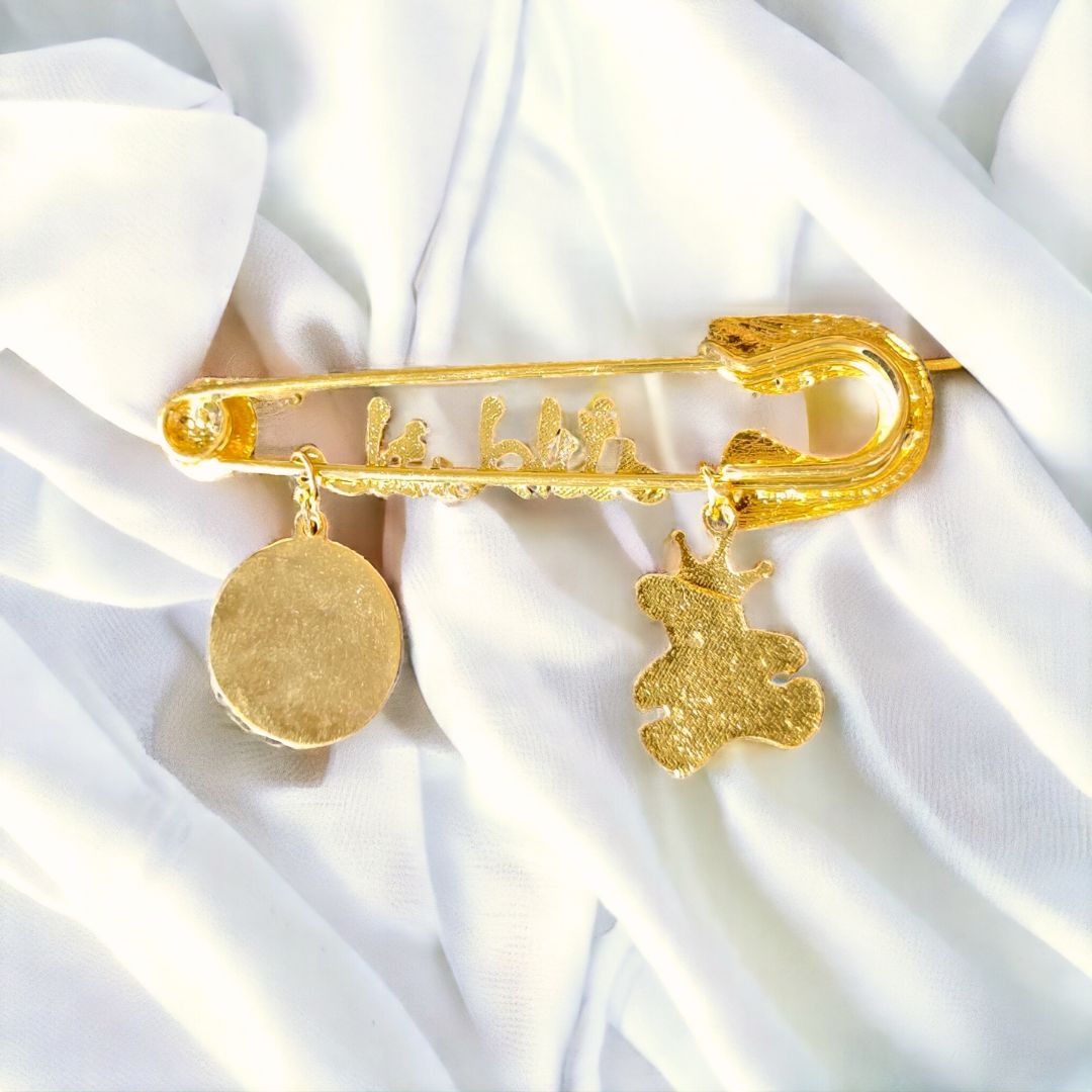 Luxury Mashallah Baby Safety Pin with 4 QUL & Teddy Charm – Islamic Newborn Protection Pin