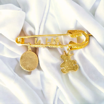 Luxury Mashallah Baby Safety Pin with 4 QUL & Teddy Charm – Islamic Newborn Protection Pin