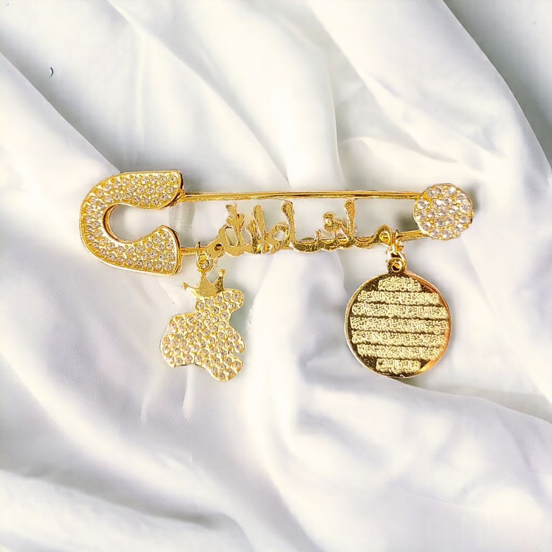 Luxury Mashallah Baby Safety Pin with Ayatul Kursi & Teddy Charm – Islamic Newborn Protection Pin
