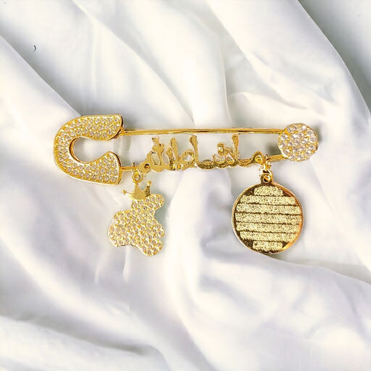 Luxury Mashallah Baby Safety Pin with Ayatul Kursi & Teddy Charm – Islamic Newborn Protection Pin