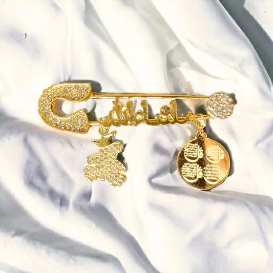 Luxury Mashallah Baby Safety Pin with 4 QUL & Teddy Charm – Islamic Newborn Protection Pin