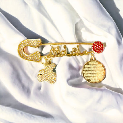 Luxury Mashallah Baby Safety Pin with Ayatul Kursi & Teddy Charm – Islamic Newborn Protection Pin
