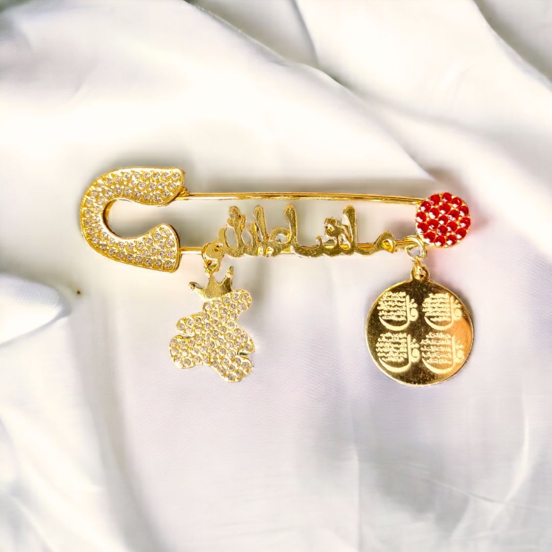 Luxury Mashallah Baby Safety Pin with 4 QUL & Teddy Charm – Islamic Newborn Protection Pin