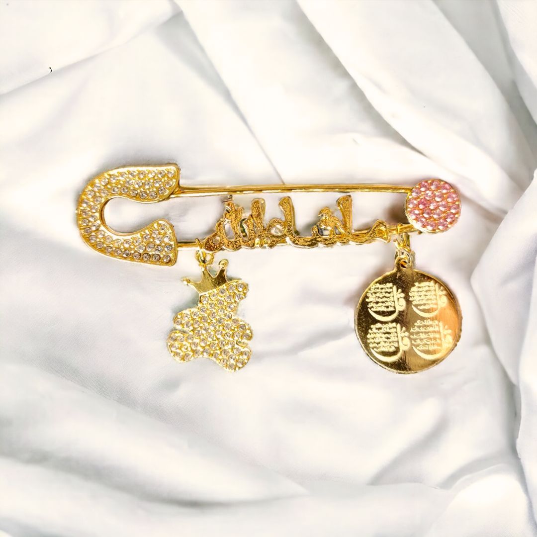 Luxury Mashallah Baby Safety Pin with Ayatul Kursi & Teddy Charm – Islamic Newborn Protection Pin