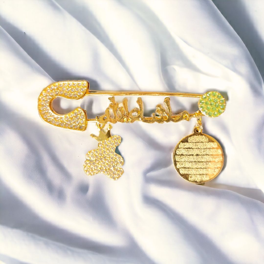 Luxury Mashallah Baby Safety Pin with 4 QUL & Teddy Charm – Islamic Newborn Protection Pin