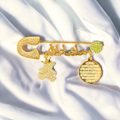 Luxury Mashallah Baby Safety Pin with 4 QUL & Teddy Charm – Islamic Newborn Protection Pin