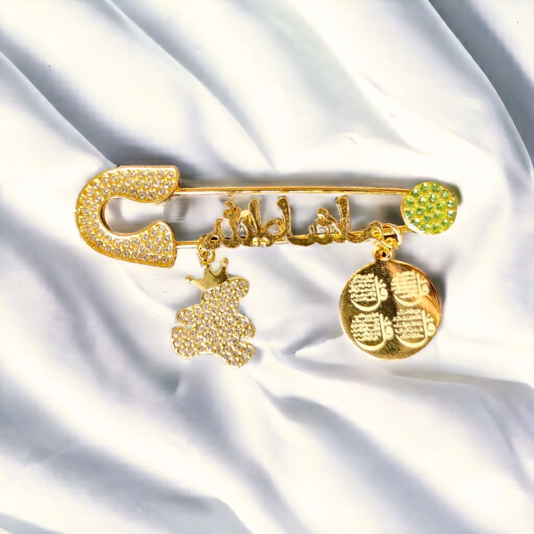 Luxury Mashallah Baby Safety Pin with 4 QUL & Teddy Charm – Islamic Newborn Protection Pin