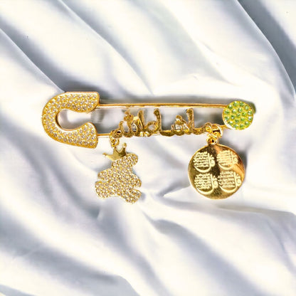 Luxury Mashallah Baby Safety Pin with 4 QUL & Teddy Charm – Islamic Newborn Protection Pin